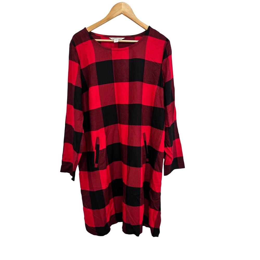 Coldwater Creek Red Black Buffalo Plaid Tunic Dress Long Sleeve Pockets Large